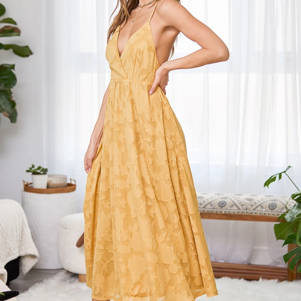 Lulus Philosophy of‎ Beauty Mustard Yellow Burnout Floral Midi Dress Size XS - Picture 2 of 13